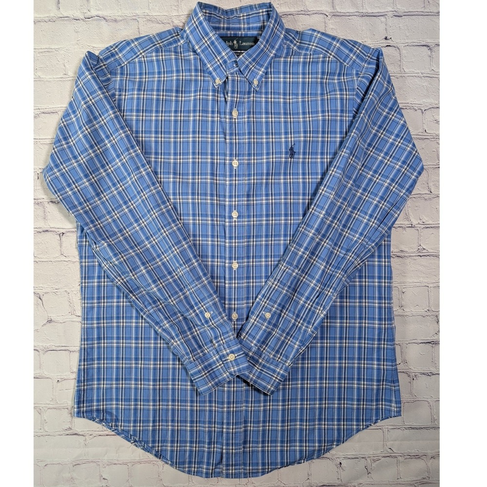 Ralph Lauren Button Down Shirt Mens M Blue Plaid Classic Fit Long Sleeve